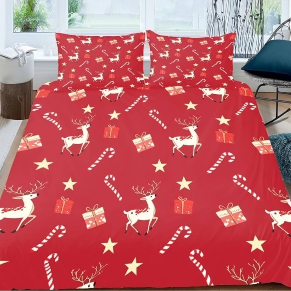 Festive Red Reindeer and Candy Cane Bedding Set (059)